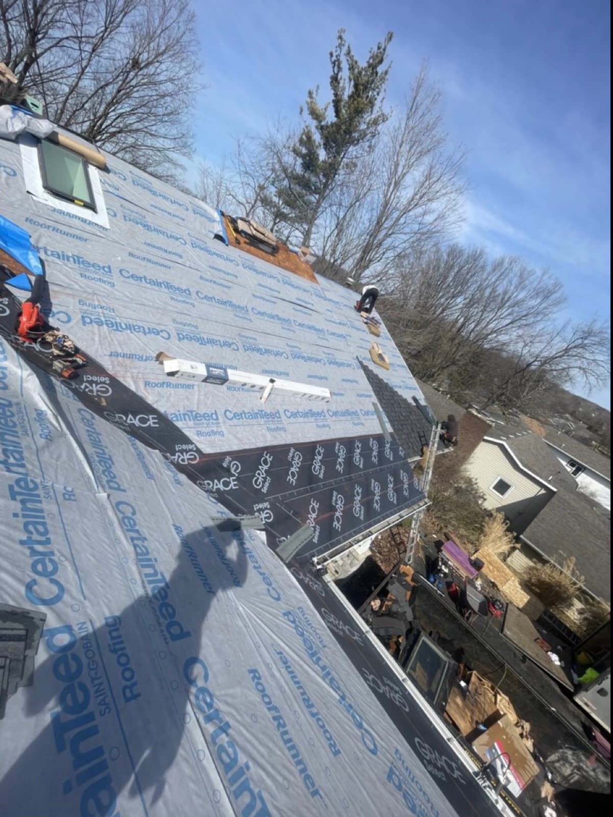 Roof with CertainTeed underlayment and ice-and-water shield, before shingles